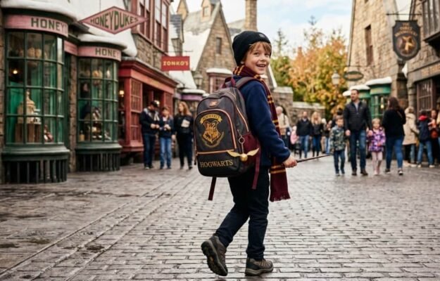 Un jeune garçon souriant porte un sac à dos Harry Potter et une écharpe de Gryffondor en marchant dans une rue pavée du village de Pré-au-Lard.