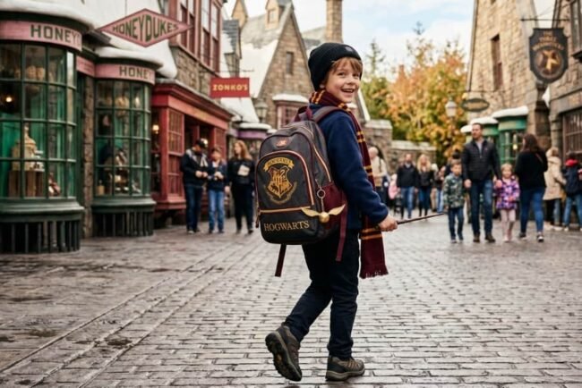 Un jeune garçon souriant porte un sac à dos Harry Potter et une écharpe de Gryffondor en marchant dans une rue pavée du village de Pré-au-Lard.