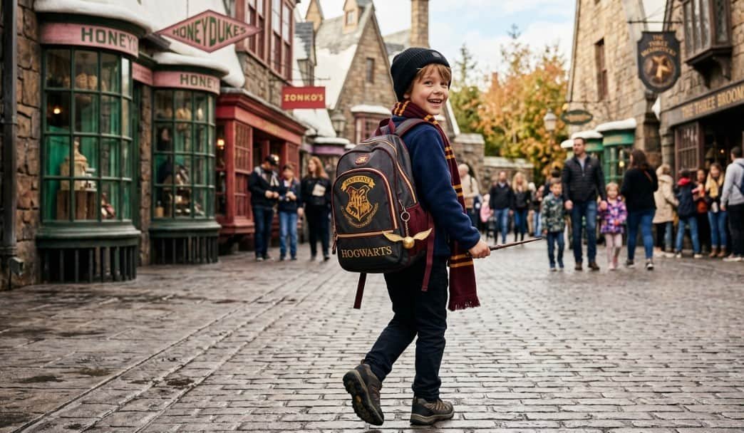 Un jeune garçon souriant porte un sac à dos Harry Potter et une écharpe de Gryffondor en marchant dans une rue pavée du village de Pré-au-Lard.